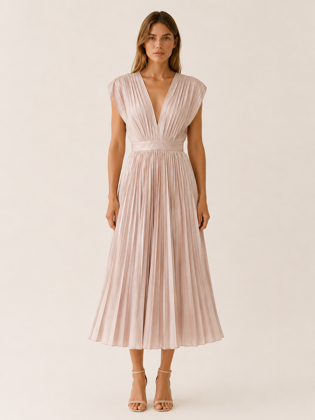 Zosia | Pleated Midi Dress with V Neck