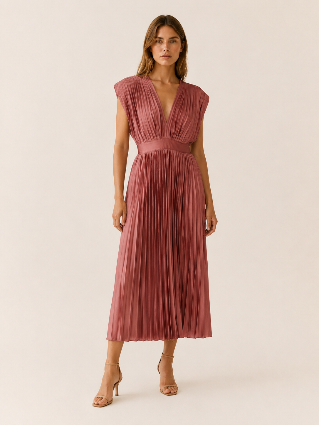 Zosia | Pleated Midi Dress with V Neck