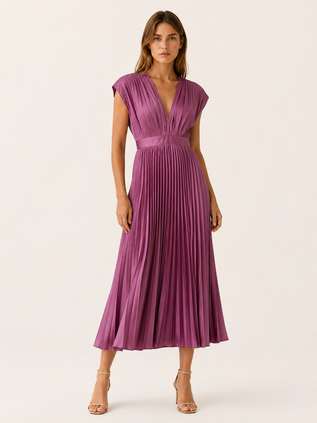 Zosia | Pleated Midi Dress with V Neck